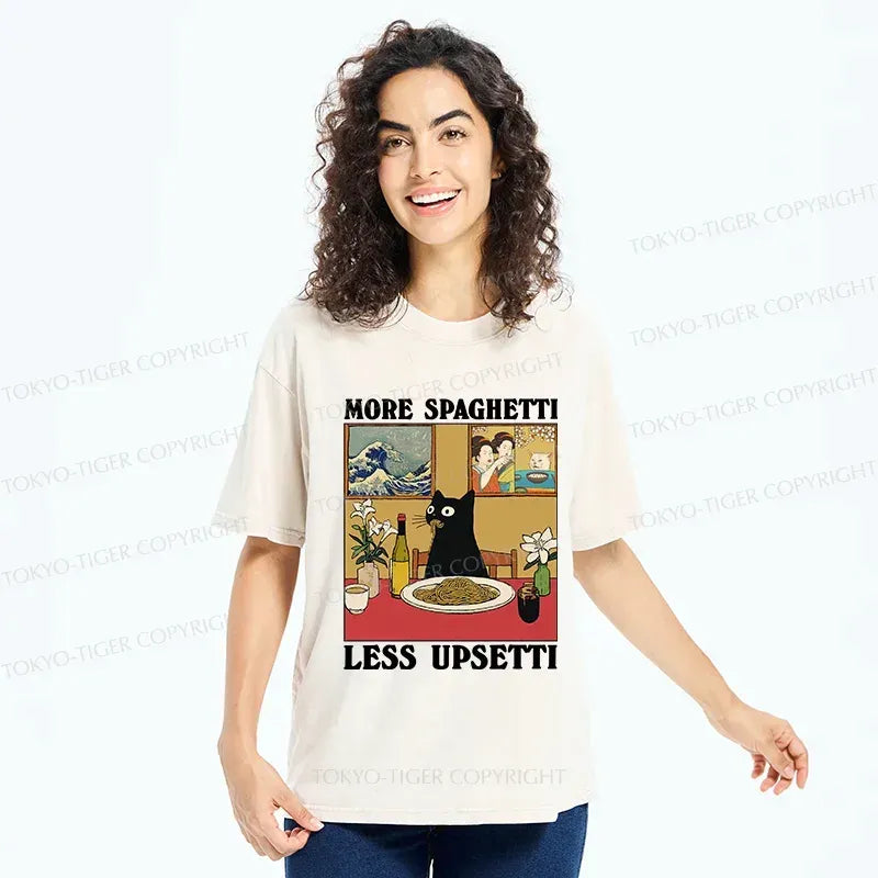 Japanese Cat Eating Pasta Washed T-Shirt