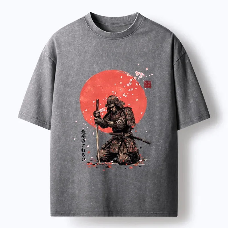 Kyoto-Lion Sakura Samurai Traditional Japan Art Washed T-Shirt