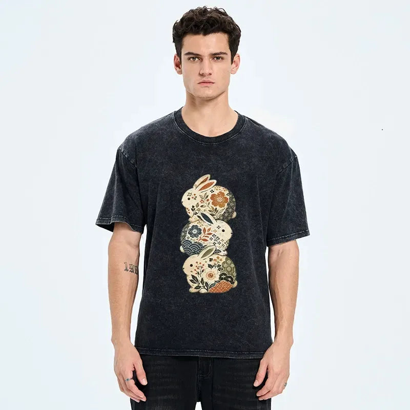 Kyoto-Lion Three Cute Patterned Japanese Rabbits Washed T-Shirt