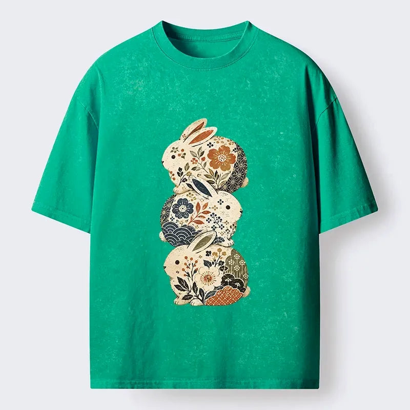 Kyoto-Lion Three Cute Patterned Japanese Rabbits Washed T-Shirt