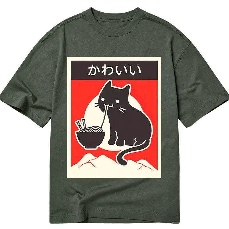 japanese vintage ramen cat t-shirt for everyday wear