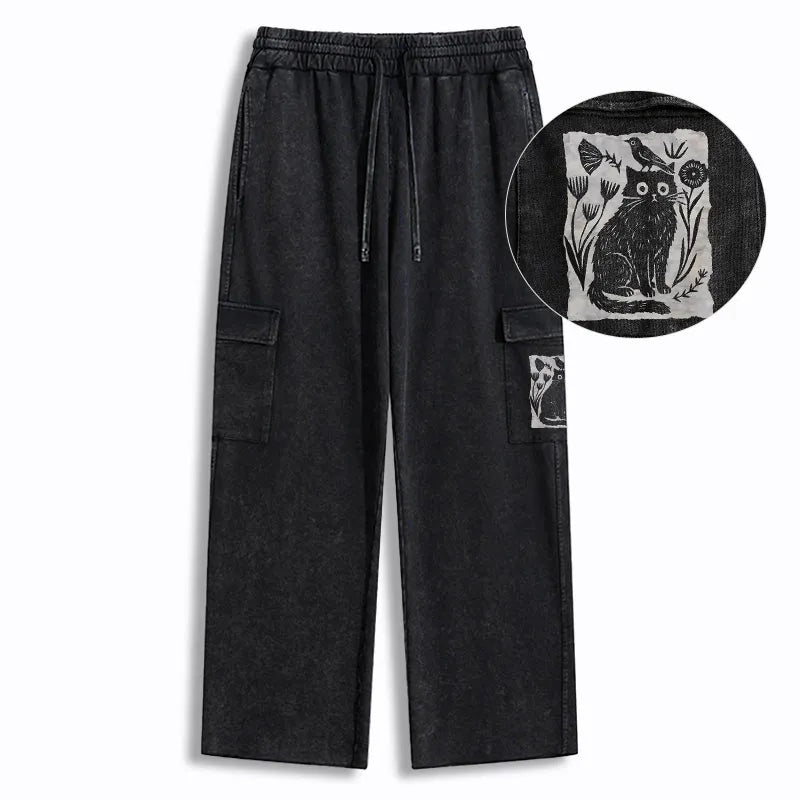 Kyoto-Lion Folk Paper Cut Cat Bird Floral Art Washed Utility Sweatpants