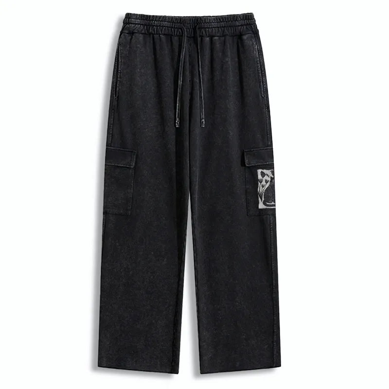 Kyoto-Lion Folk Paper Cut Cat Bird Floral Art Washed Utility Sweatpants