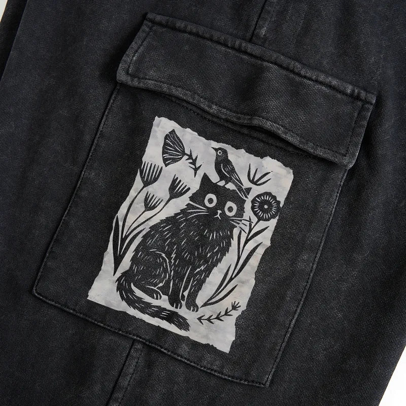 Kyoto-Lion Folk Paper Cut Cat Bird Floral Art Washed Utility Sweatpants