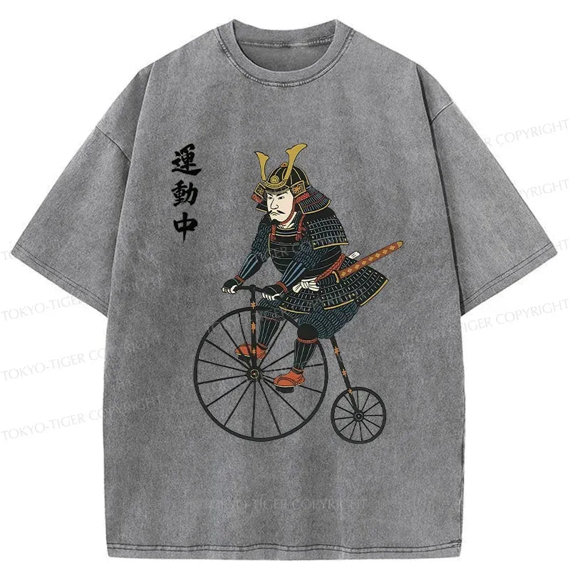 Kyoto-Lion Samurai Riding Penny-farthing Washed T-Shirt