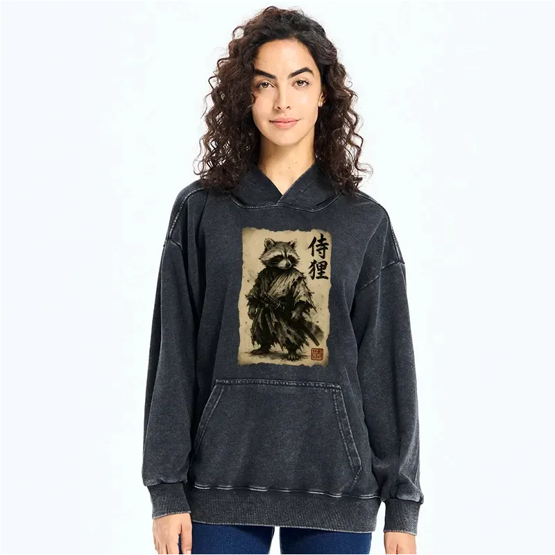 Kyoto-Lion Retro Raccoon Samurai Washed Hoodie