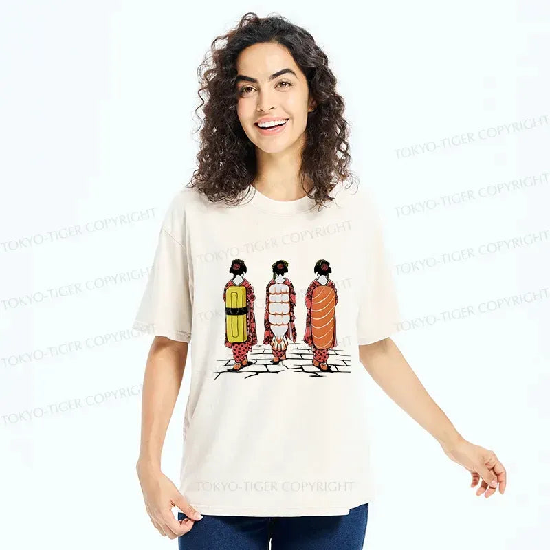 Kyoto-Lion Sushi Japanese Girl Washed T-Shirt