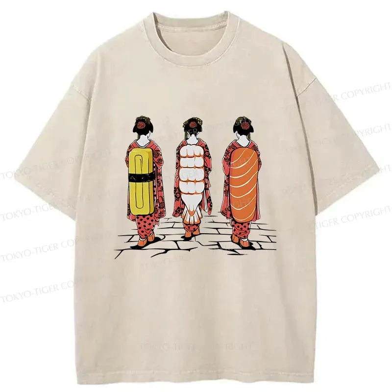 Kyoto-Lion Sushi Japanese Girl Washed T-Shirt