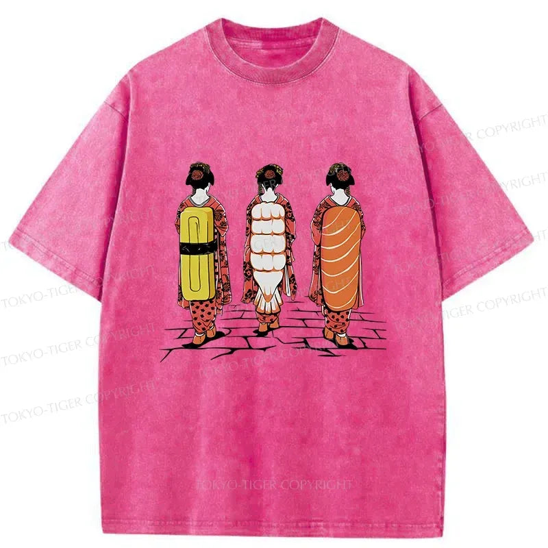 Kyoto-Lion Sushi Japanese Girl Washed T-Shirt