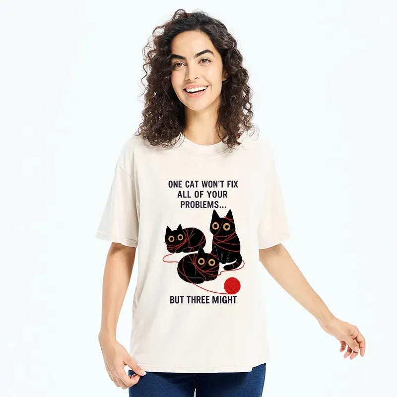 Kyoto-Lion Three Cats Fix All Problems Washed T-Shirt