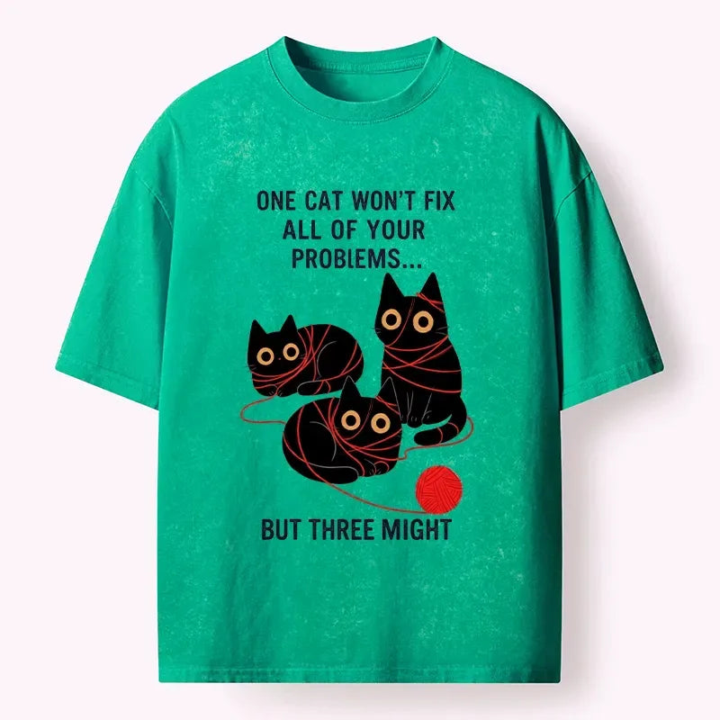 Kyoto-Lion Three Cats Fix All Problems Washed T-Shirt