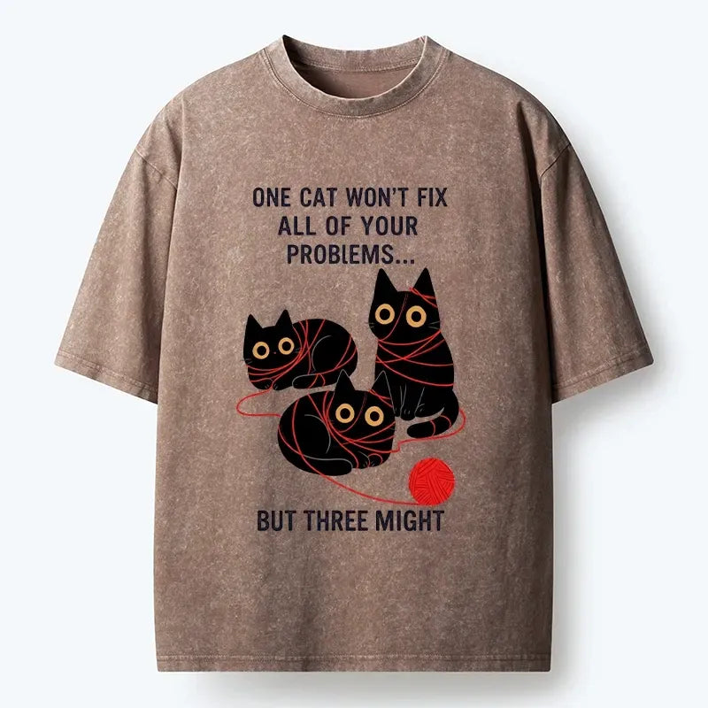 Kyoto-Lion Three Cats Fix All Problems Washed T-Shirt