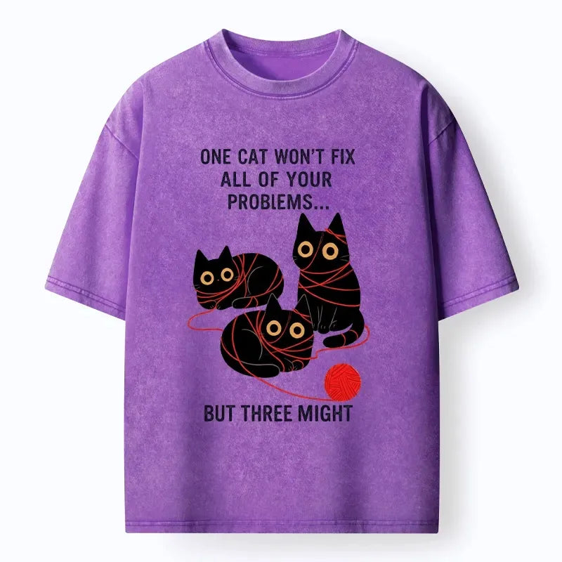 Kyoto-Lion Three Cats Fix All Problems Washed T-Shirt