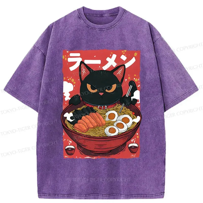 Kyoto-Lion Cute Black Cat Eating Ramen Washed T-Shirt