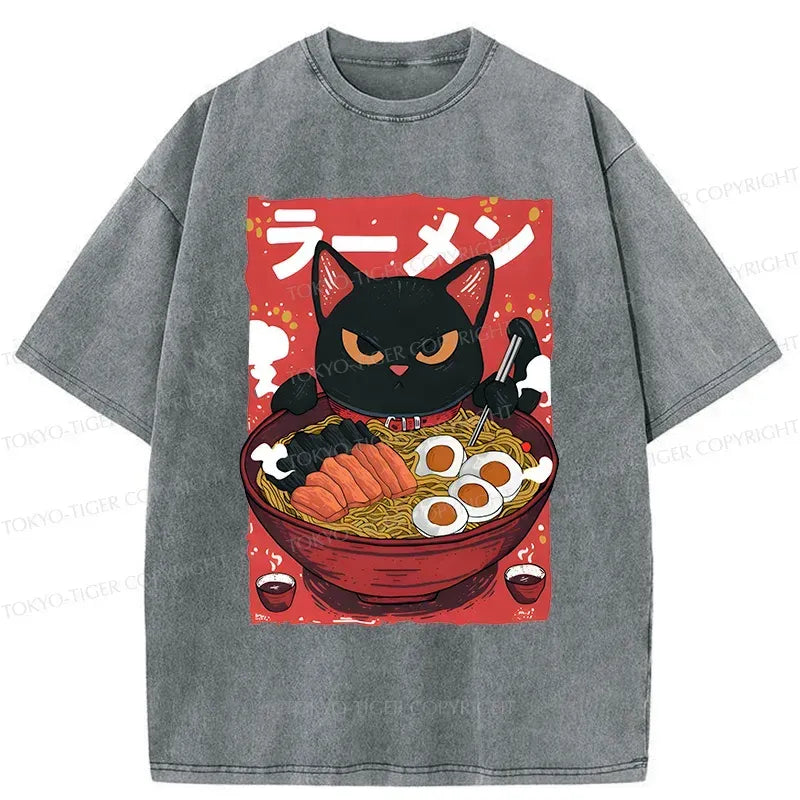 cute cat eating ramen vintage washed tee