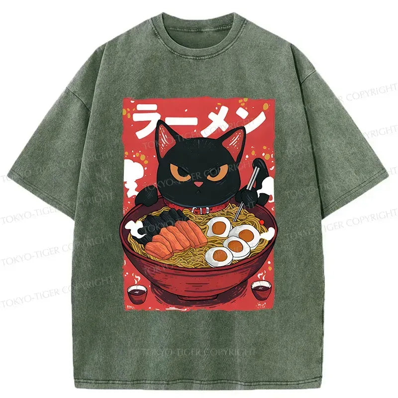 cute cat eating ramen vintage washed tee