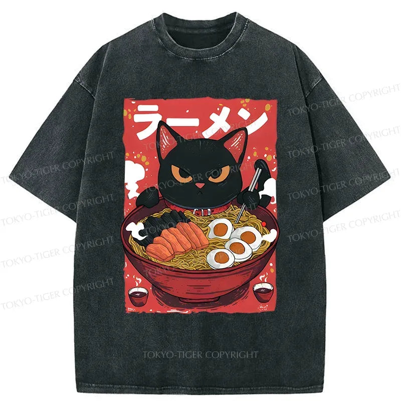 Kyoto-Lion Cute Black Cat Eating Ramen Washed T-Shirt