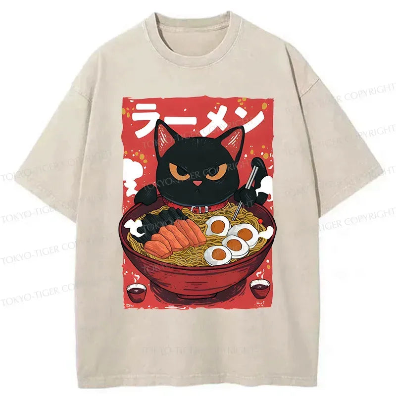 cute cat eating ramen vintage washed tee