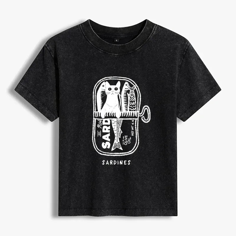 Japanese Cat Sardine T-Shirt for Summer