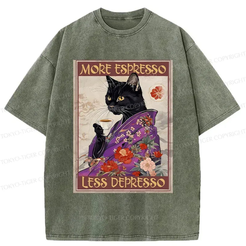 Japanese Cat Drinking Coffee Washed T-Shirt for Daily Wear