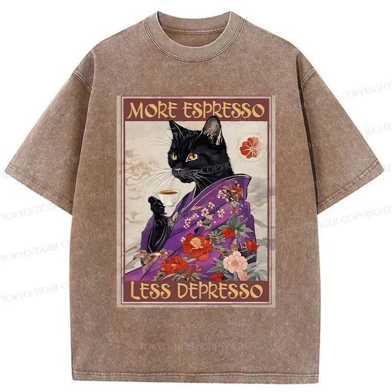 Japanese Cat Drinking Coffee Washed T-Shirt for Daily Wear