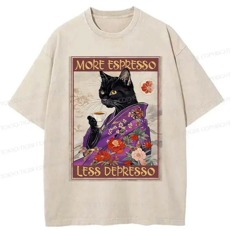 Kyoto-Lion Japanese Cat Drinking Coffee Washed T-Shirt