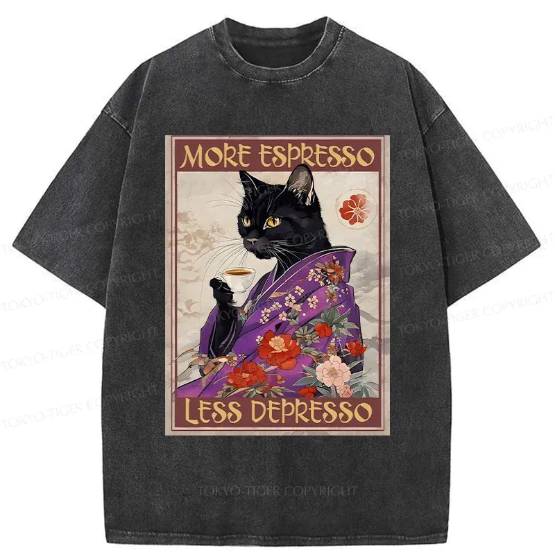 Kyoto-Lion Japanese Cat Drinking Coffee Washed T-Shirt