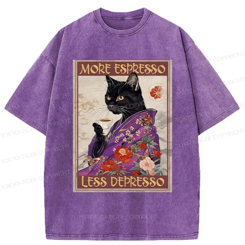 Japanese Cat Drinking Coffee Washed T-Shirt for Daily Wear
