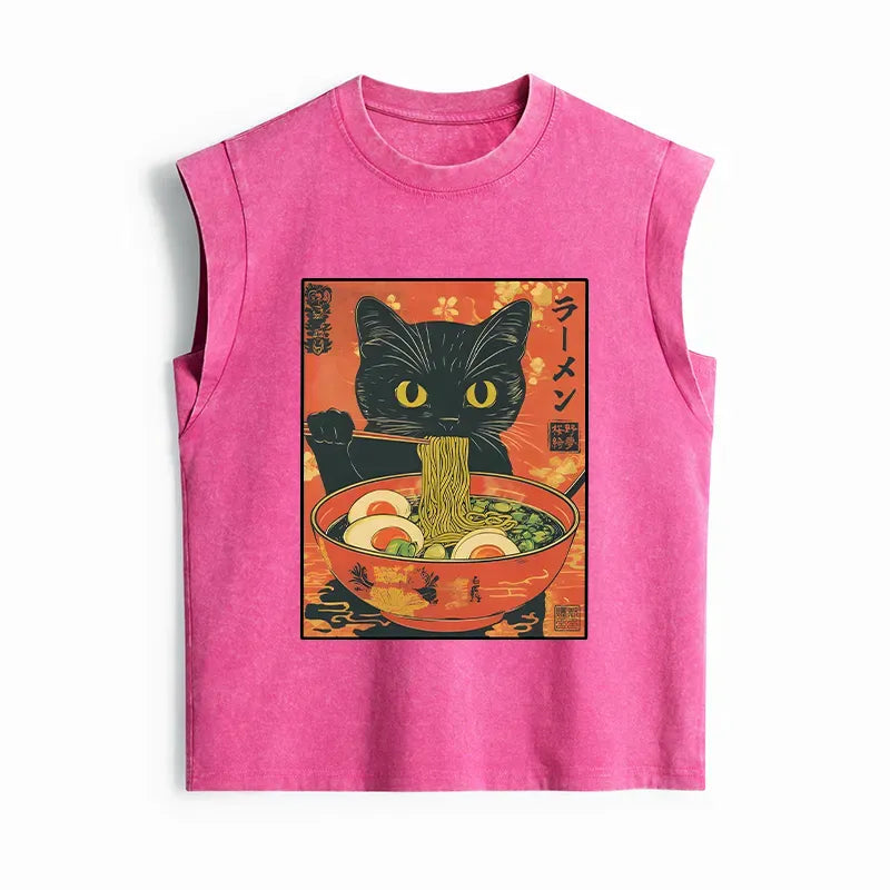 Kyoto-Lion Hungry Black Cat Loves Ramen Women's Washed Tank Tops