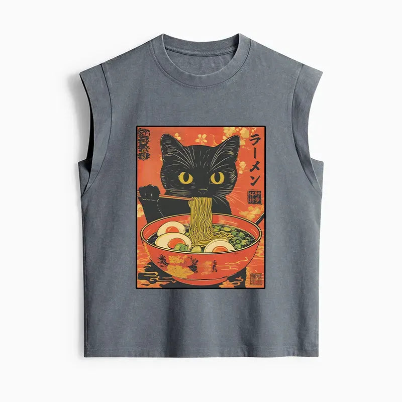 Kyoto-Lion Hungry Black Cat Loves Ramen Women's Washed Tank Tops