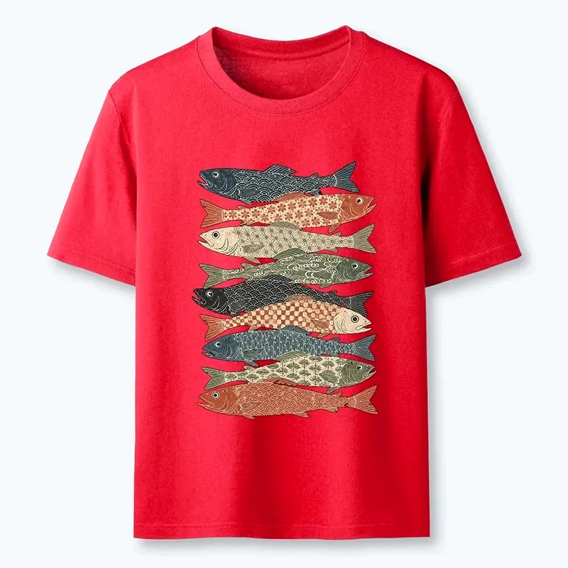 Kyoto-Lion Patterned Stack Fish Japanese Block Print Classic T-Shirt