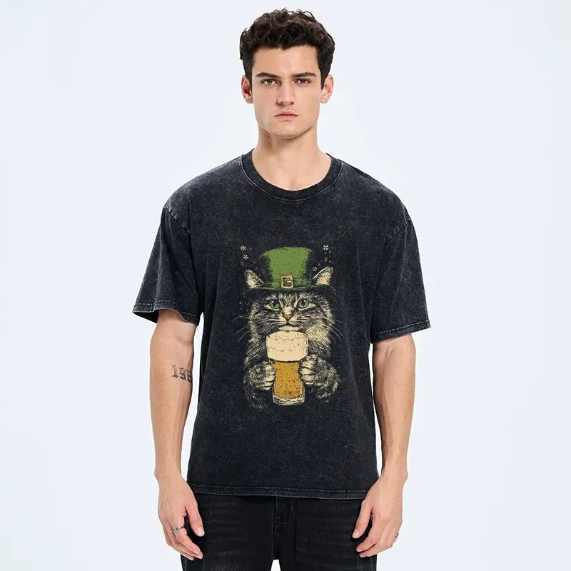 Kyoto-Lion St Patrick's Day Drinking Cat Washed T-Shirt
