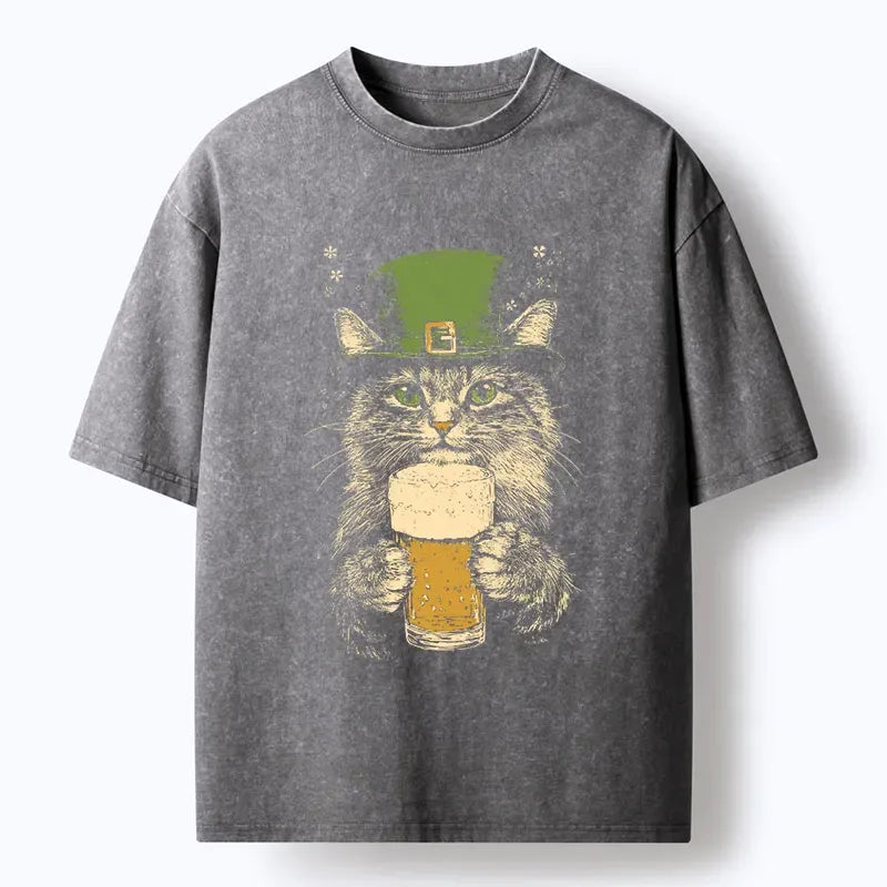 Kyoto-Lion St Patrick's Day Drinking Cat Washed T-Shirt