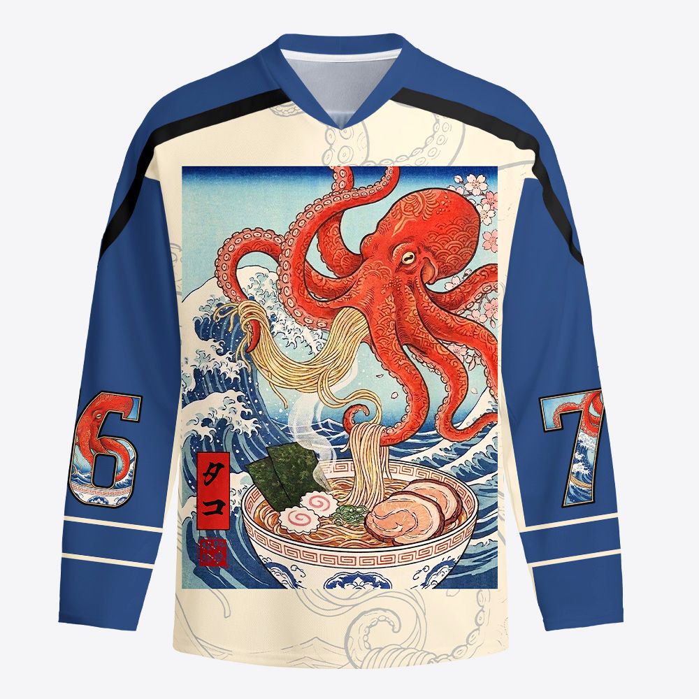 Kyoto-Lion Octopus Ramen Kanagawa Waves Long-Sleeve Hockey Jersey