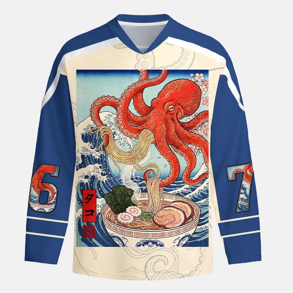 Kyoto-Lion Octopus Ramen Kanagawa Waves Long-Sleeve Hockey Jersey