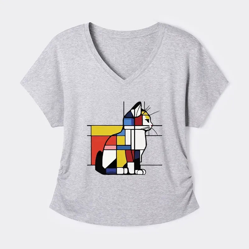 Kyoto-Lion Geometric Cat Art In Primary Colors Modal Dolman Sleeve T-Shirt