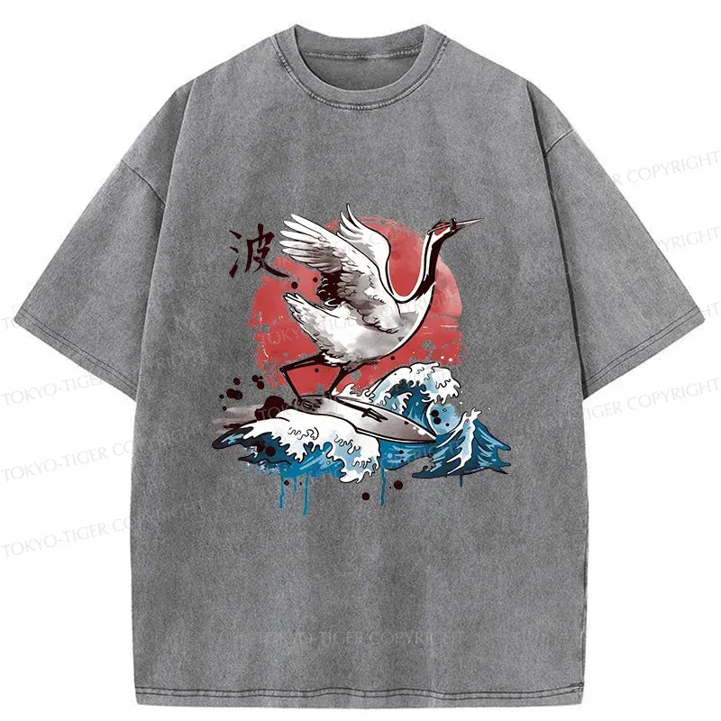 Kyoto-Lion Crane Surfing Washed T-Shirt