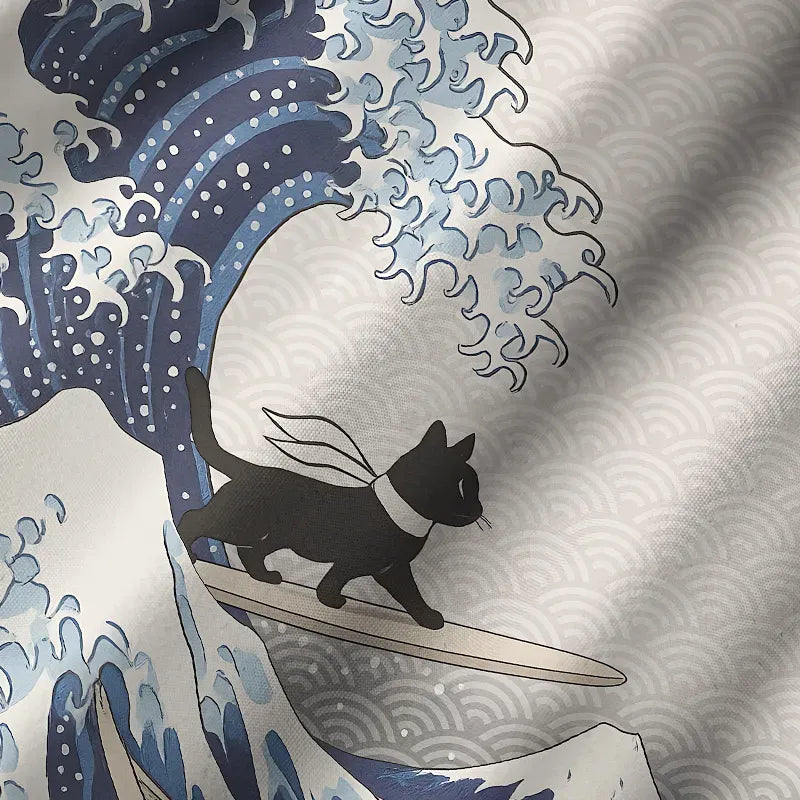 Kyoto-Lion Black Cat Surfing Cuban Collar Shirt