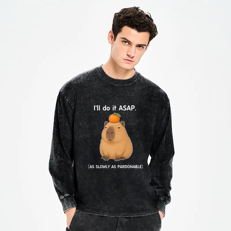 Kyoto-Lion Slow Task Capybara Meme Washed Long Sleeve T-Shirt