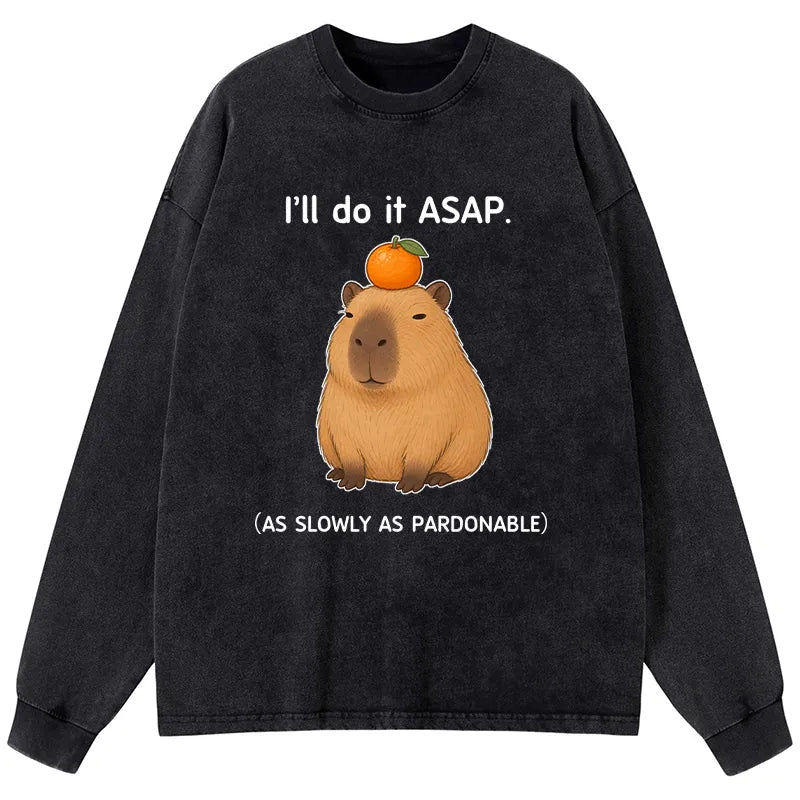 Kyoto-Lion Slow Task Capybara Meme Washed Long Sleeve T-Shirt