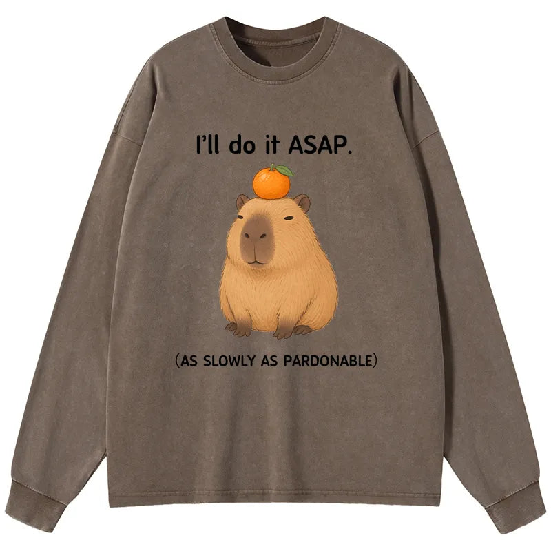 Kyoto-Lion Slow Task Capybara Meme Washed Long Sleeve T-Shirt