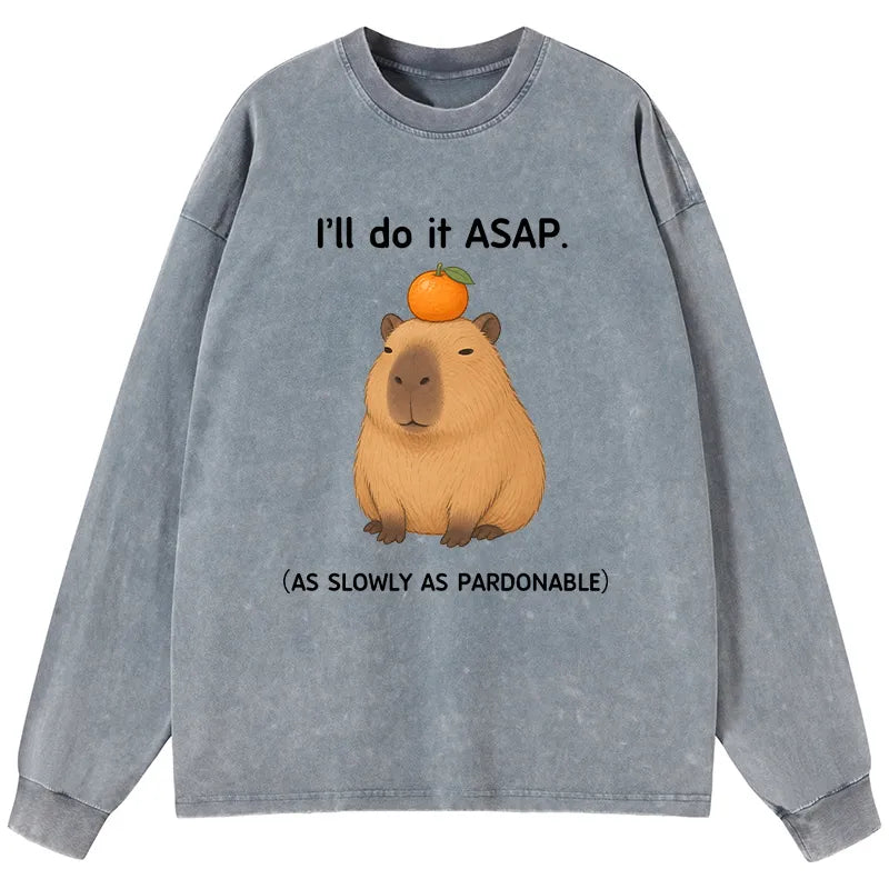 Kyoto-Lion Slow Task Capybara Meme Washed Long Sleeve T-Shirt
