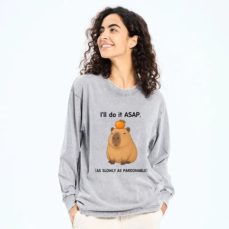 Kyoto-Lion Slow Task Capybara Meme Washed Long Sleeve T-Shirt
