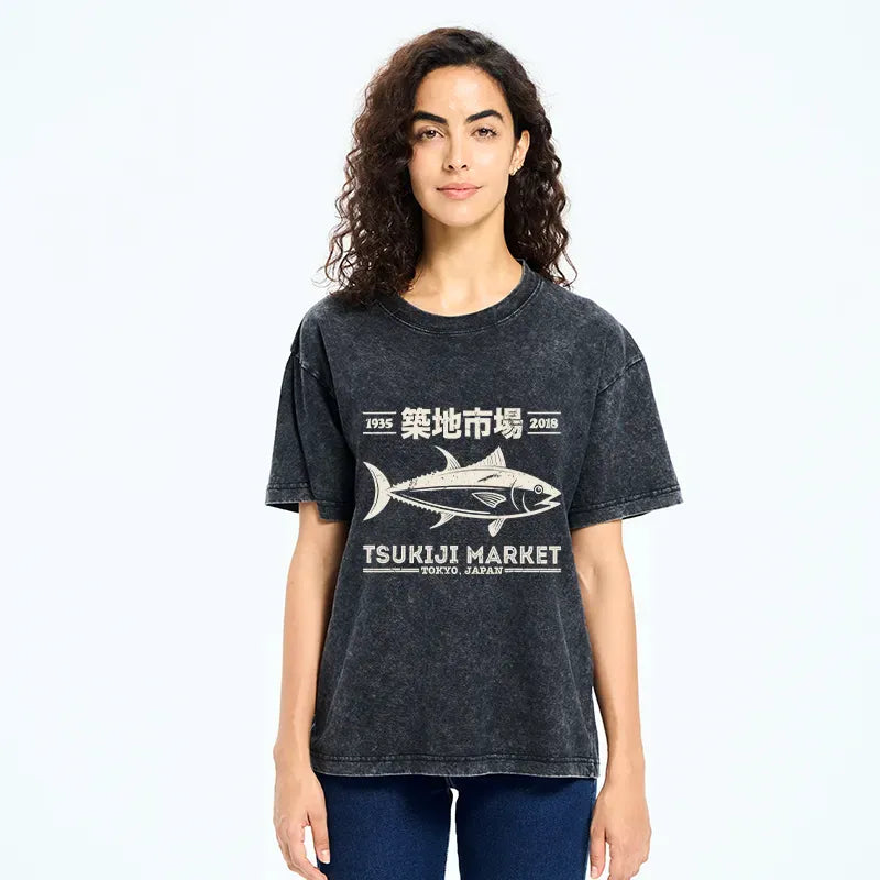 Kyoto-Lion Retro Tsukiji Fish Market Streetwear Tokyo Washed T-Shirt