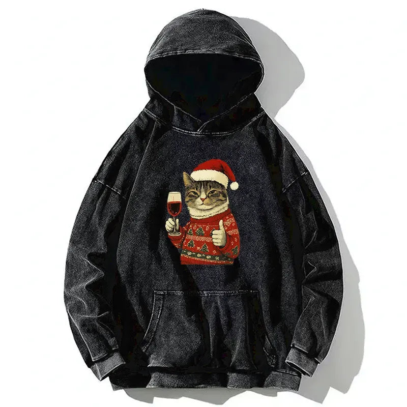 Kyoto-Lion Christmas Cat Likes Washed Hoodie