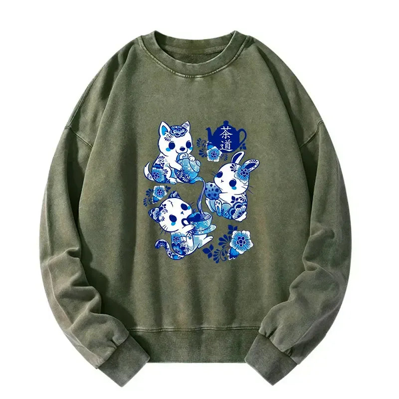 Kyoto-Lion Blue And White Porcelain Washed Sweatshirt