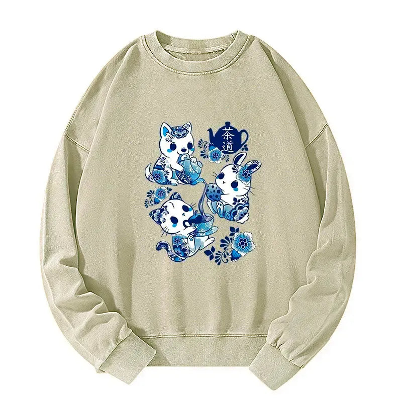 Kyoto-Lion Blue And White Porcelain Washed Sweatshirt