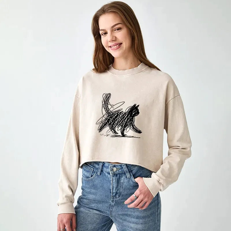 Washed Cat Sweatshirt with Soft Comfortable Fabric