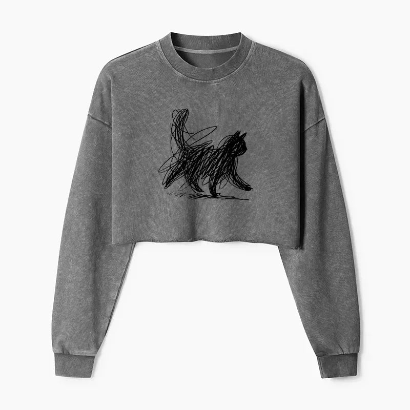 Kyoto-Lion Minimalist Cat Art Washed Crop Sweatshirt
