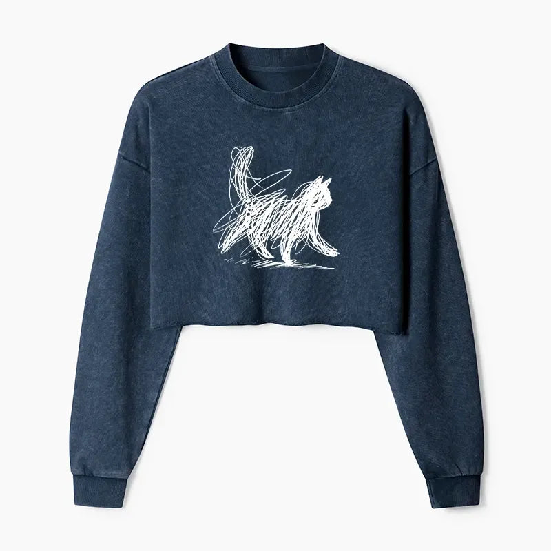 Kyoto-Lion Minimalist Cat Art Washed Crop Sweatshirt